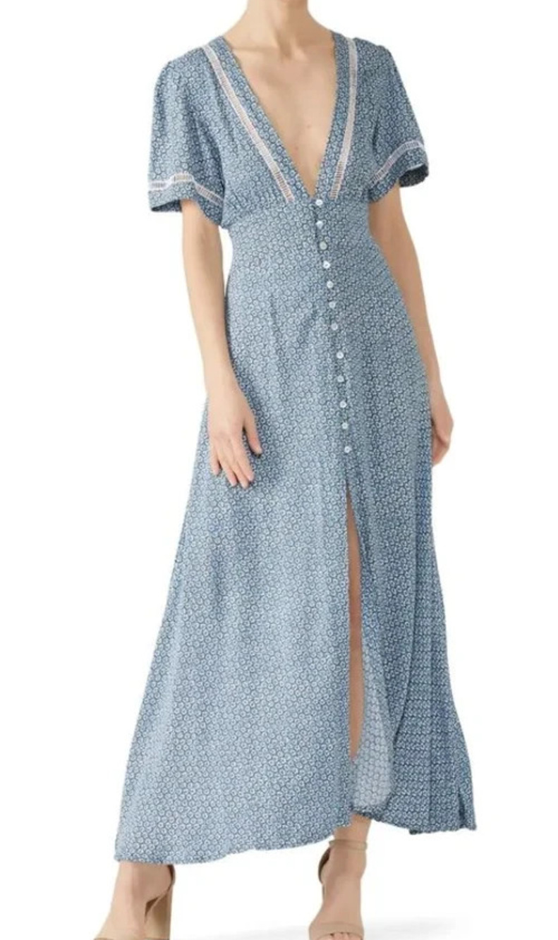 CLEOBELLA Valentina Maxi Dress Polynesian Floral Blue White Bohemian L A011313